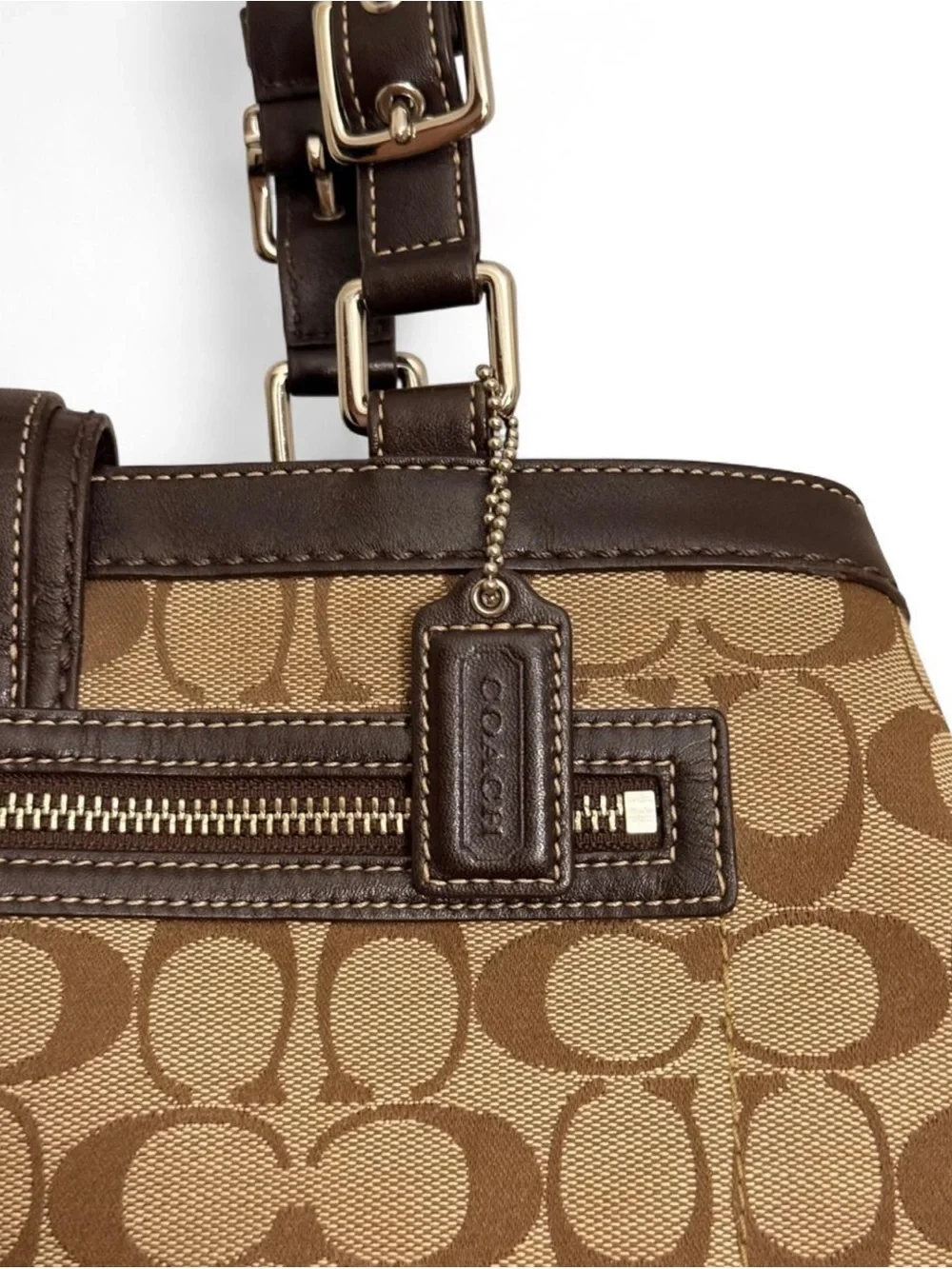 Coach Brown Signature Canvas Shoulder Bag with Dark Brown Trim